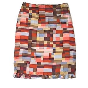 BCBGMaxAzria Straight Silk Long Skirt Below Knee Geometric Patchwork Ruffle Hem